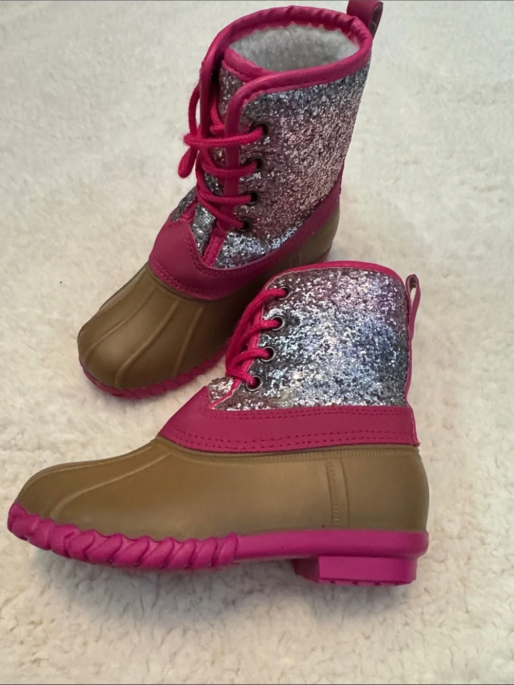 fabkids Pink Glitter Lace-Up Duck Boots with Brown Shell